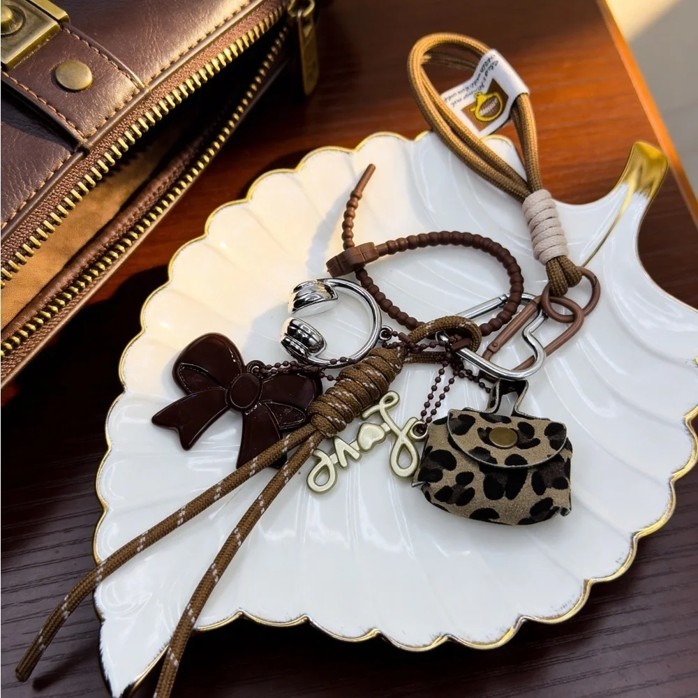 Leopard Print and Brown Bag Charm Keychain Set